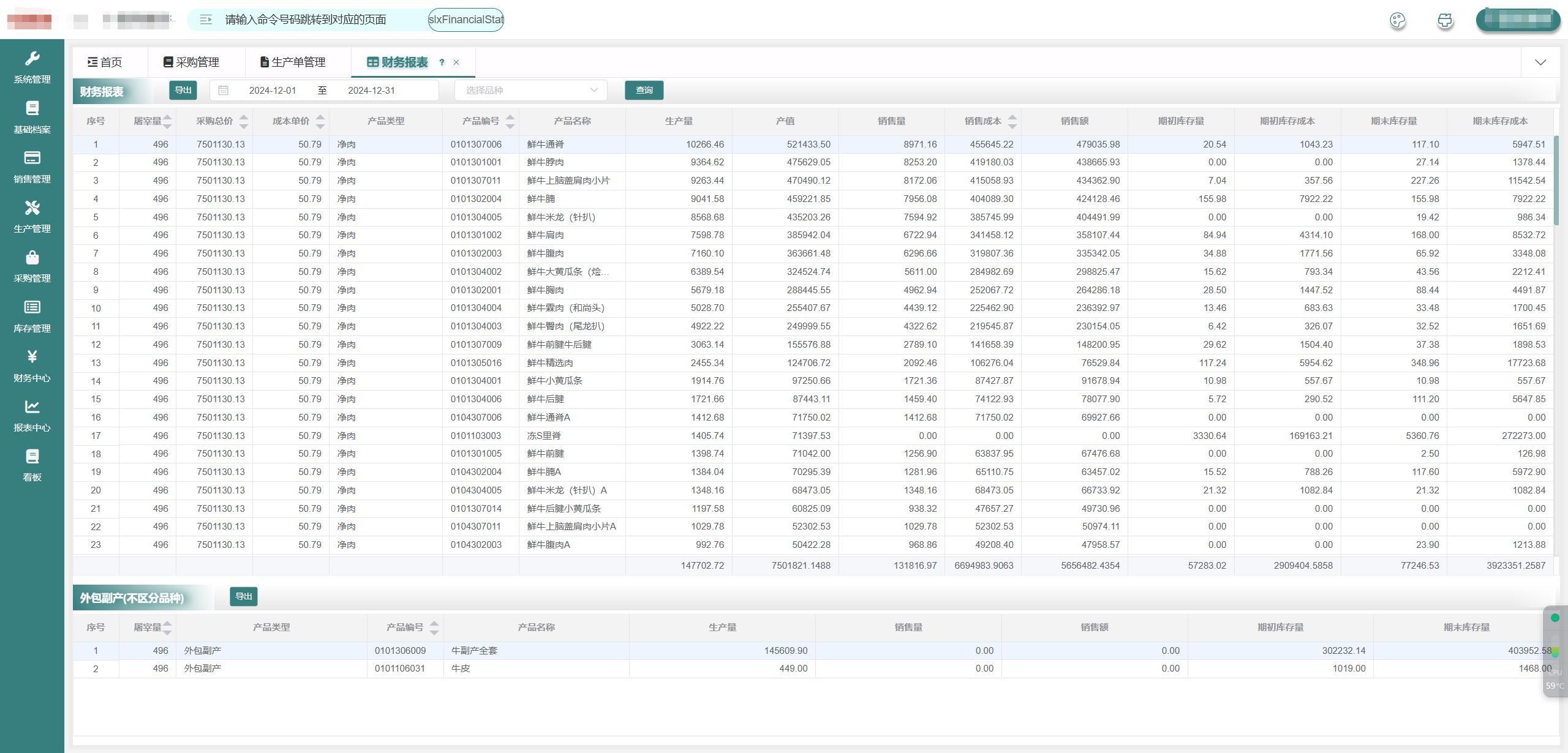 活牛屠宰MES财务核算报表
